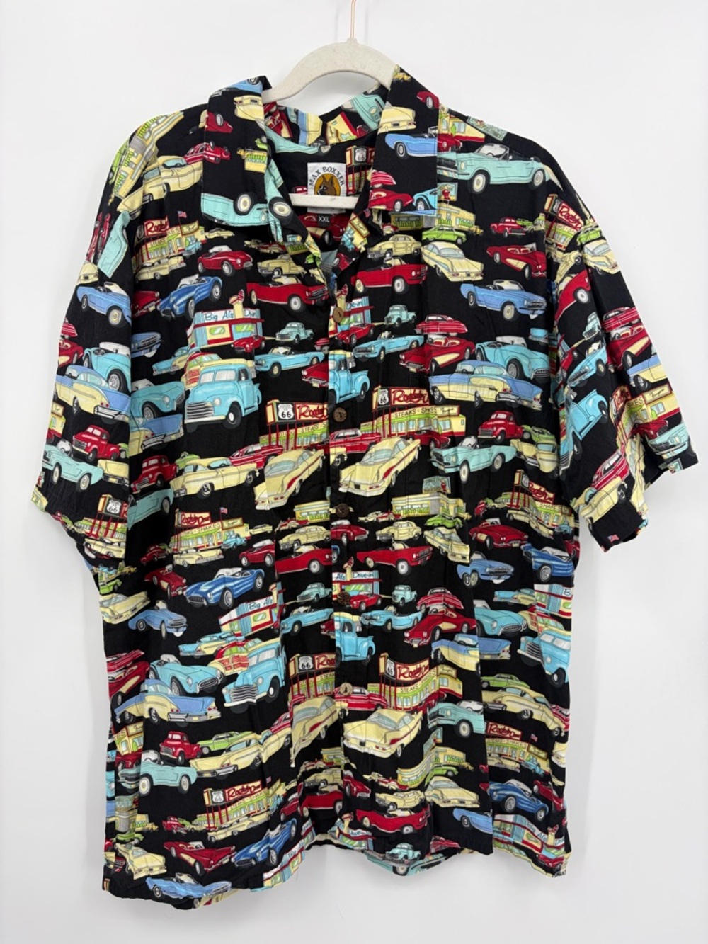 Max Boxxer Route 66 classic car print Hawaiian camp shirt sz XXL multicolor‎
